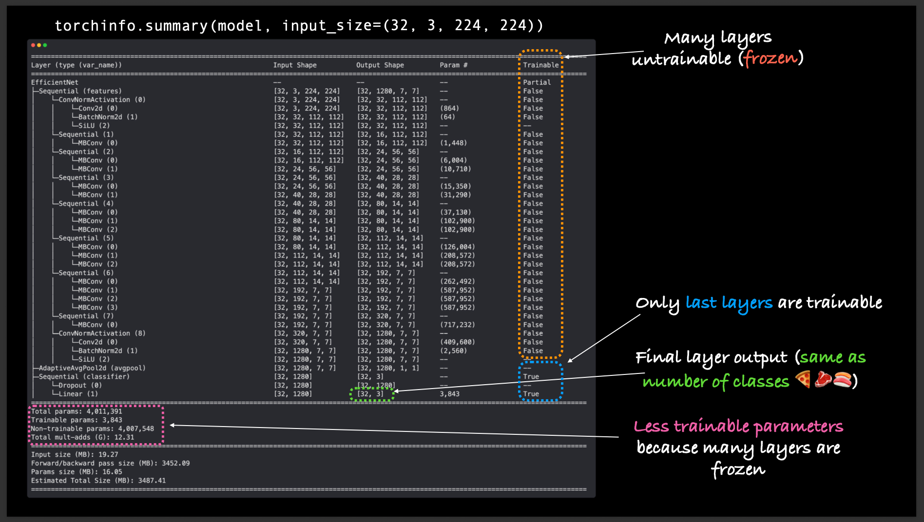 A screenshot of the torchinfo summary showing a massive reduction in trainable parameters.