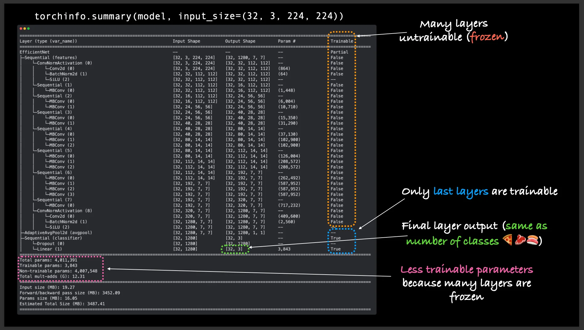 A screenshot of the torchinfo summary showing a massive reduction in trainable parameters.